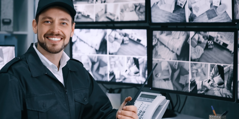 Homem em local de monitoramento de câmeras